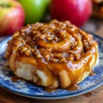 Cinnamon roll on a plate with extra caramel glaze dripping