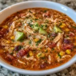 Bowl of creamy chicken taco soup topped with cilantro and tortilla chips
