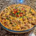Close-up of gooey queso dip with ground beef and veggies
