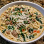 Spoonful of creamy sausage and pasta soup lifted from a bowl