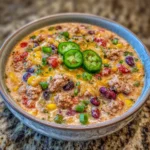 Bowl of creamy taco soup topped with avocado and cilantro