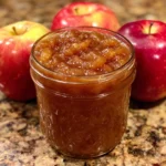 Jar of caramel apple jam with apples and cinnamon sticks beside it