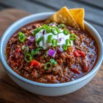 Pot of chili simmering with shredded beef and beans.