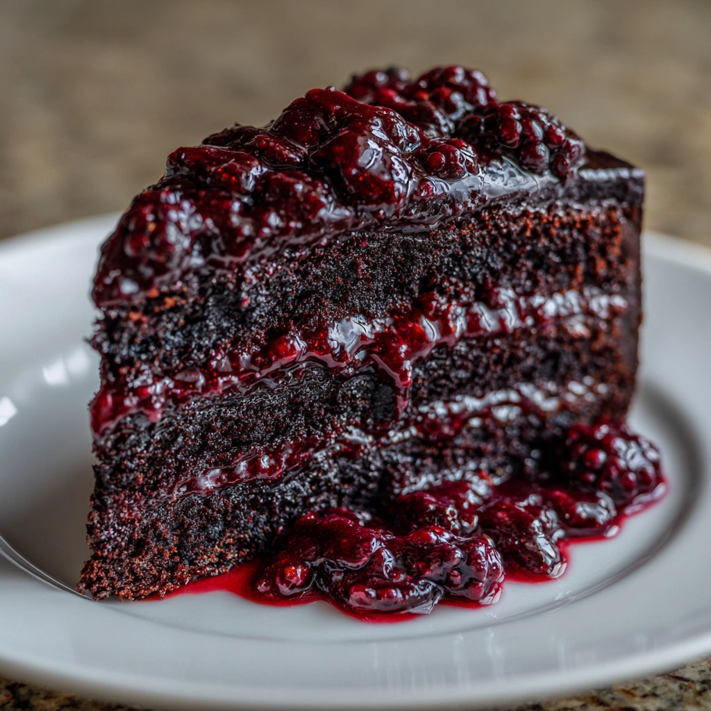 Slice of black velvet cake with dark berry filling