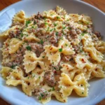 Skillet of bowtie pasta with creamy Parmesan garlic sauce and ground beef.