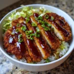 Close-up of golden fried katsu drizzled with sauce