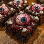 Tray of eyeball-topped brownies on Halloween-themed plate