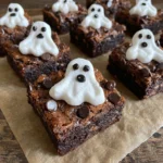 Brownie squares with drippy white chocolate and marshmallow ghosts