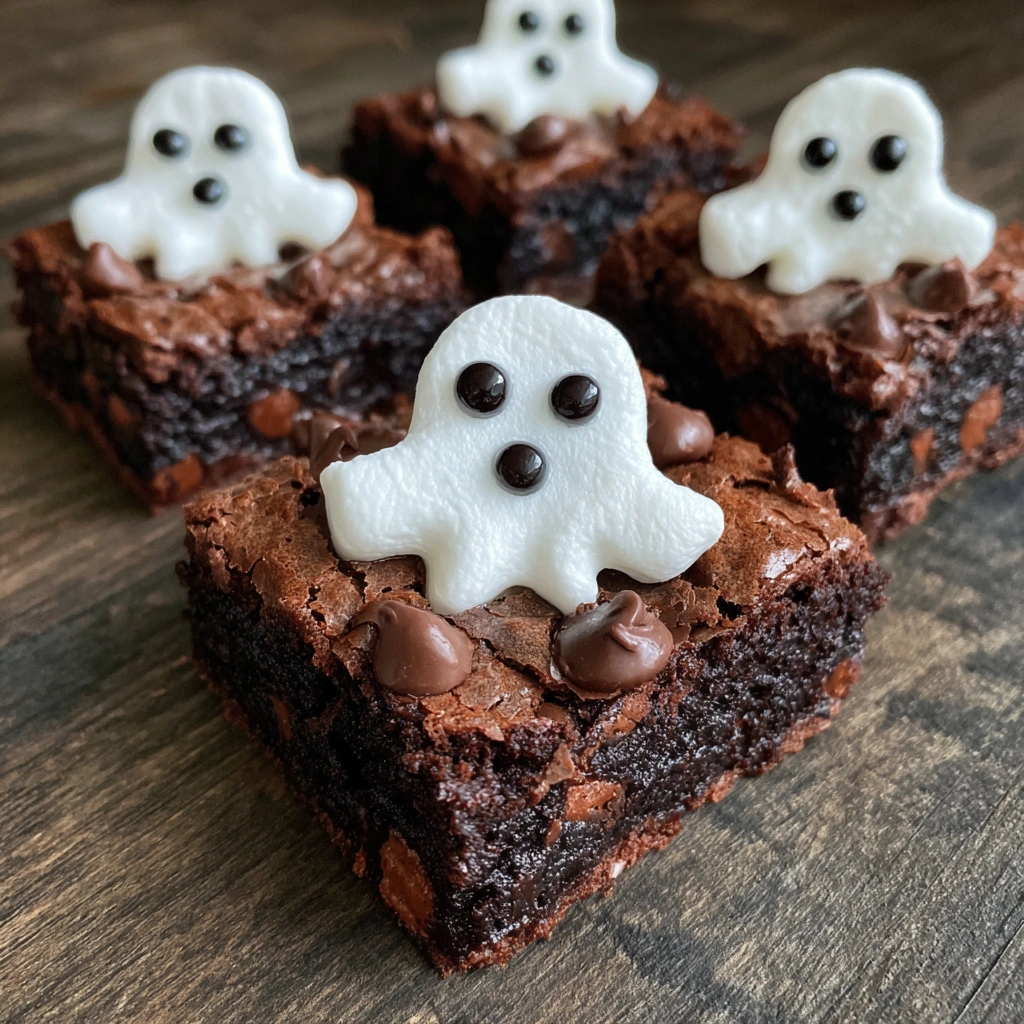 A tray of marshmallow-topped brownies decorated like ghosts