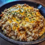 Cheesy beef and rice skillet coated in garlic butter sauce with fresh parsley.
