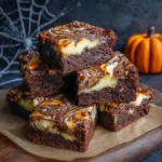 Stacked brownies with vibrant orange cheesecake and rich brownie base