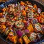 Caramelized sausage and sweet potatoes in a sticky glaze