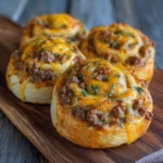 Tray of golden brown beef and cheese rollups brushed with garlic butter.