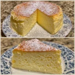Fluffy Japanese cotton cheesecake on a plate with powdered sugar