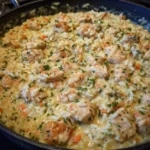 Cheesy casserole with chicken and rice served hot in a pot.