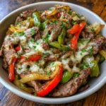 Philly cheesesteak bowl with juicy steak, peppers, onions, and melted cheese.