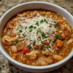 Pot of simmering pumpkin chicken chili with beans and peppers.