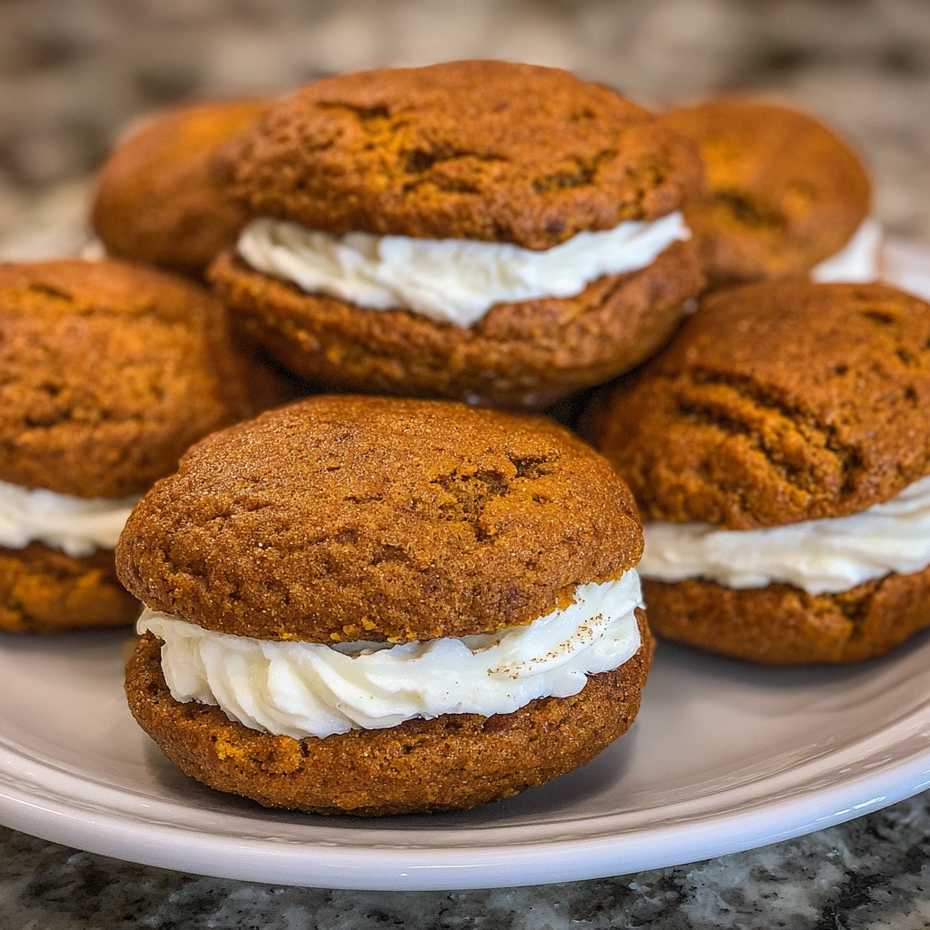 A plate of pumpkin whoopie pies dusted with cinnamon and ready to serve.