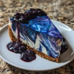 Cheesecake slice on plate with silver and blue decor