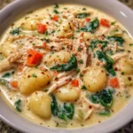 Gnocchi soup with parmesan cheese and bright green spinach