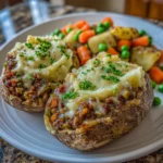 Hearty vegan shepherd’s pie stuffed inside baked potatoes, topped with parsley.