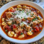 Spoonful of chicken parm soup with shredded chicken, pasta, and tomato broth.