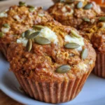 Muffin sliced in half showing cream cheese center