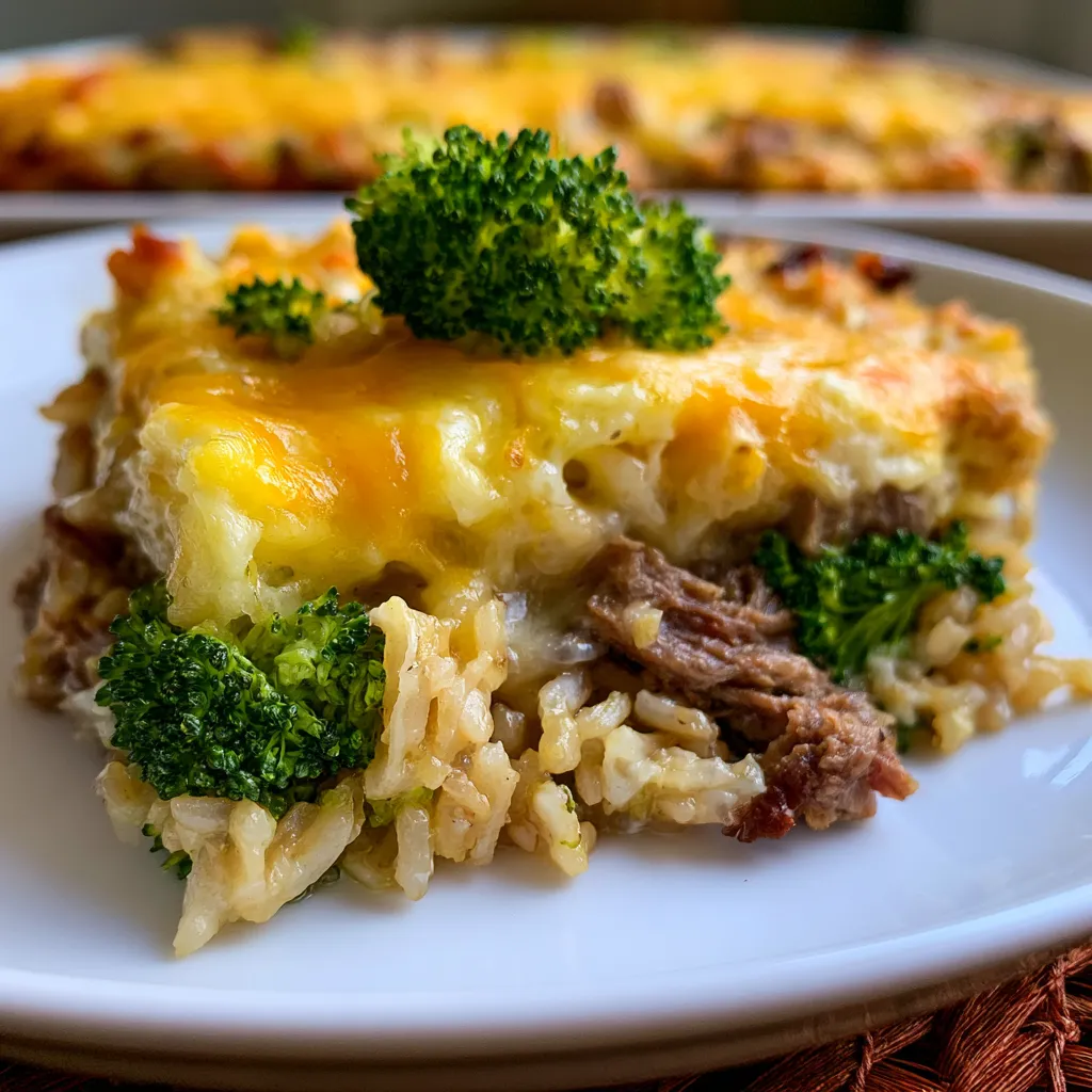 Cheesy Broccoli Beef and Rice Casserole