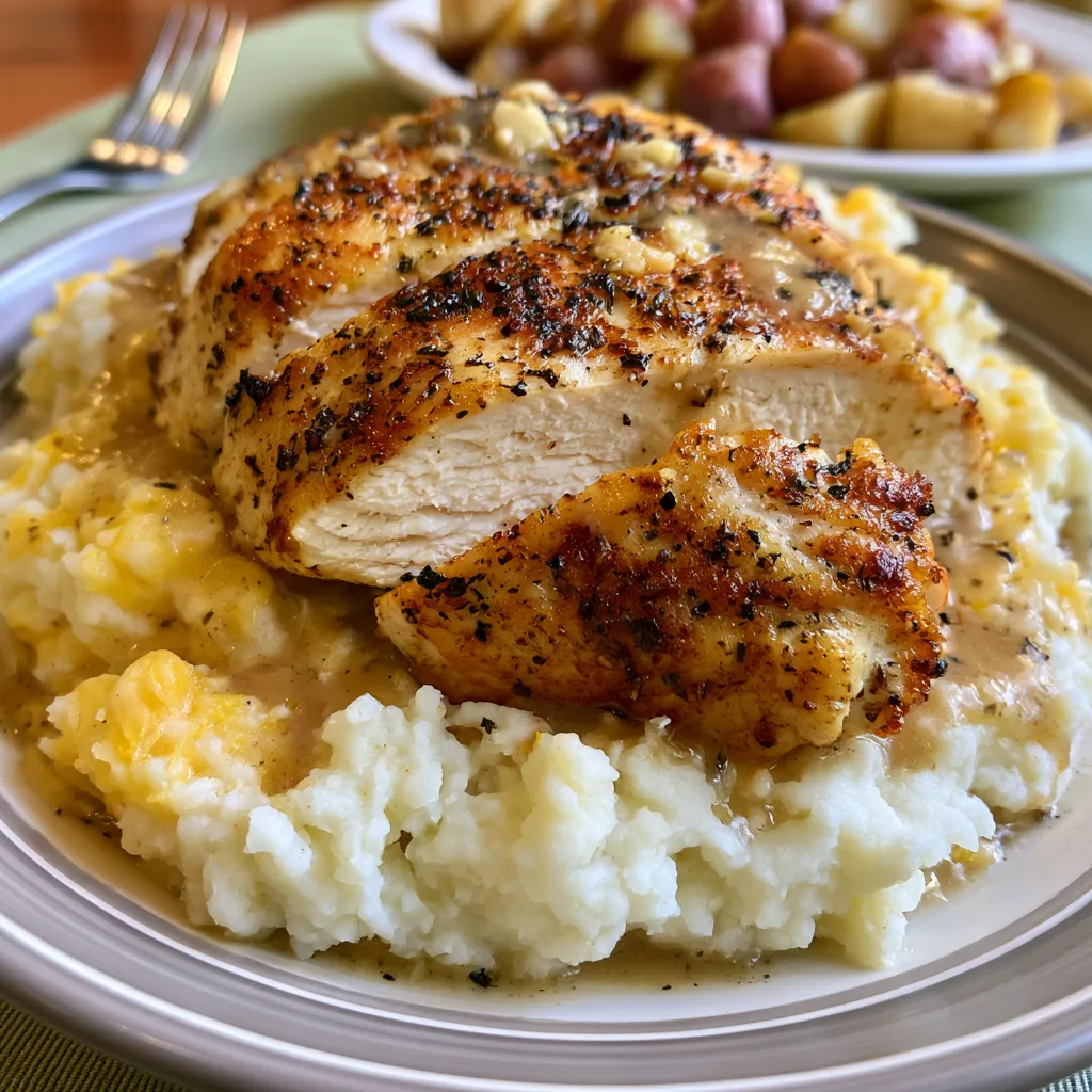 Chicken and Garlic Gravy with Cheesy Mashed Potatoes