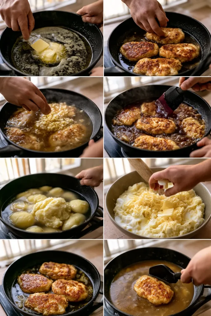 Chicken and Garlic Gravy with Cheesy Mashed Potatoes