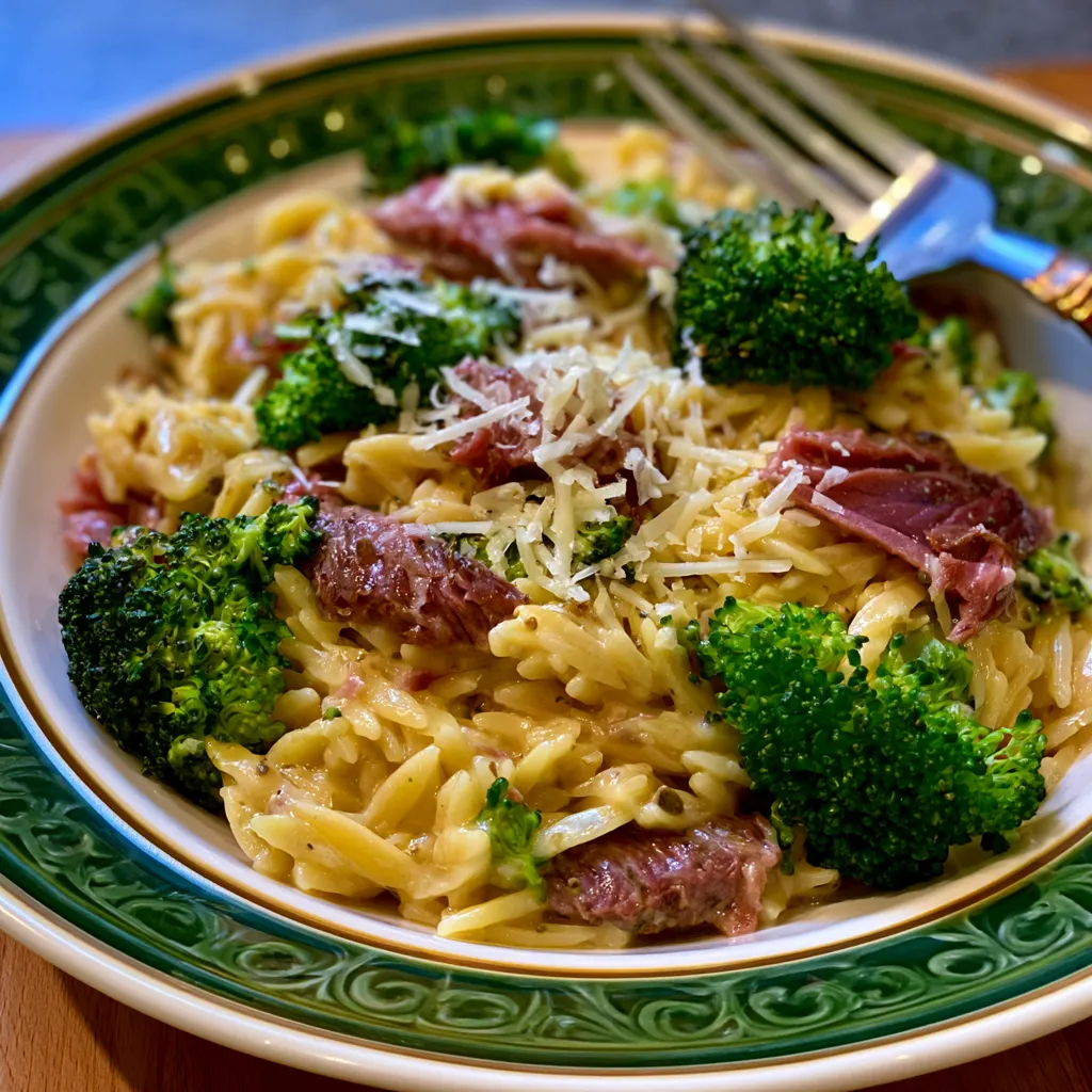 Creamy Orzo with Smoked Beef and Broccoli