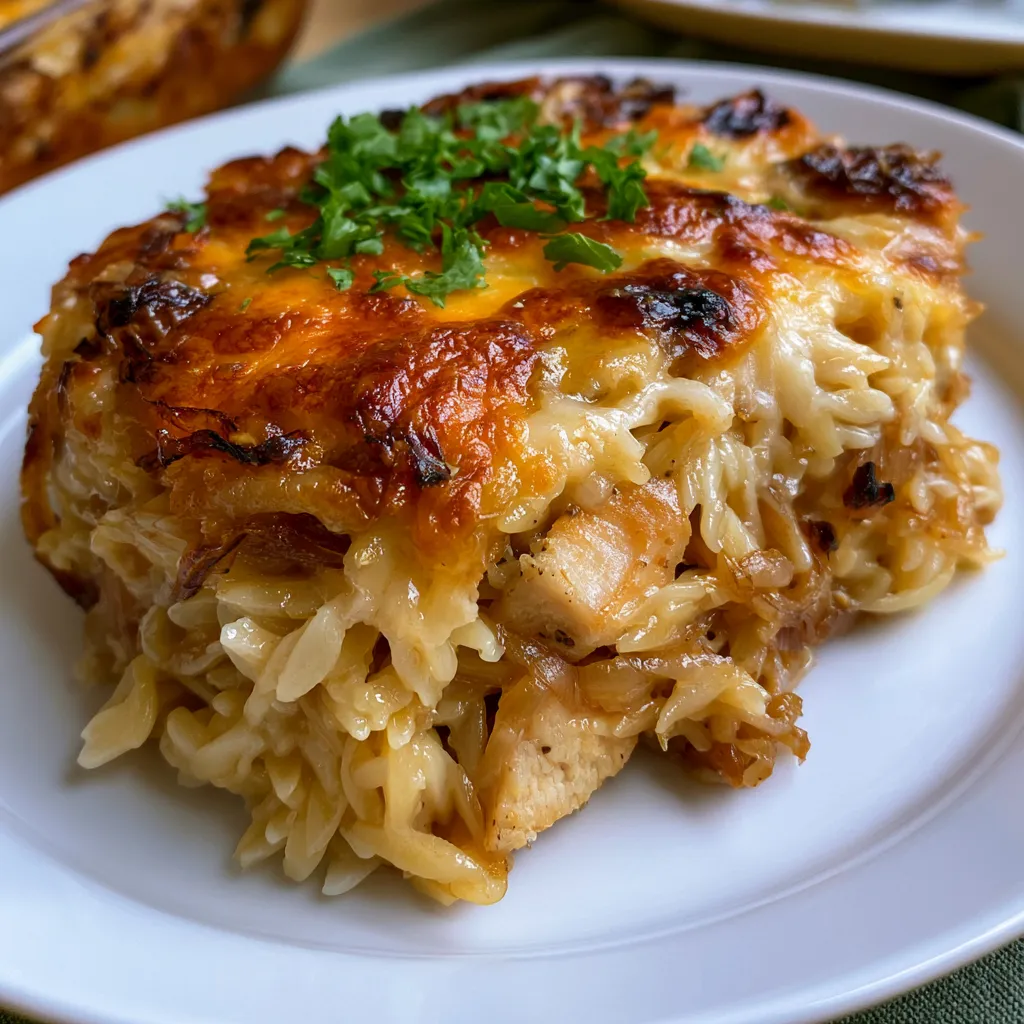 French Onion Chicken Orzo Casserole