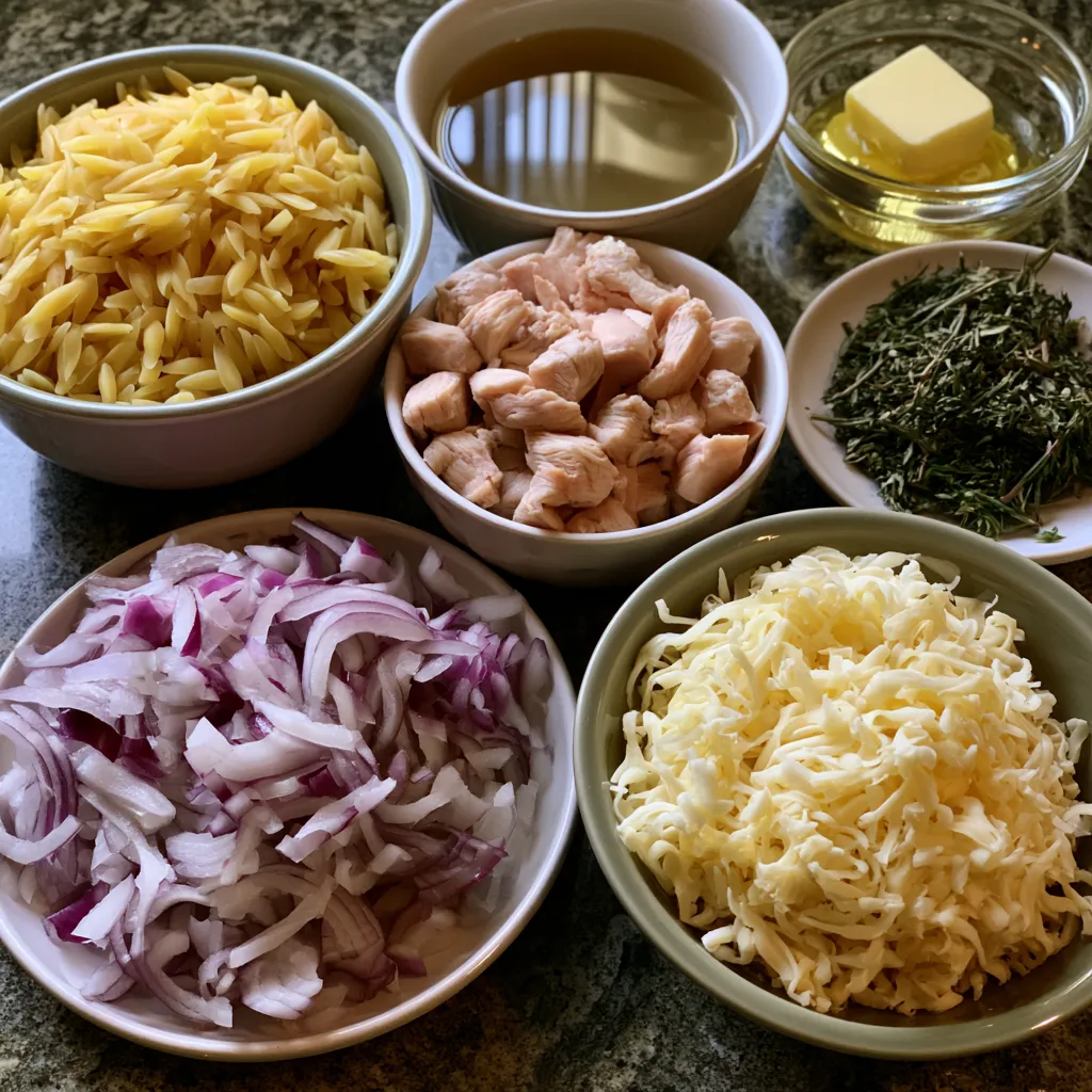 French Onion Chicken Orzo Casserole