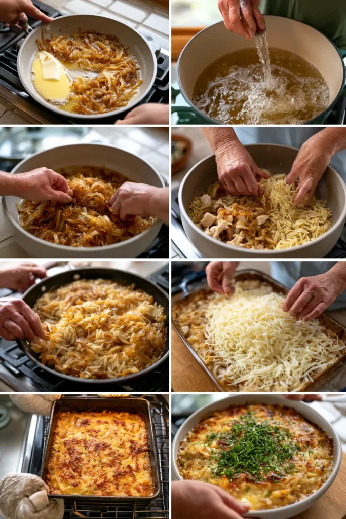 French Onion Chicken Orzo Casserole