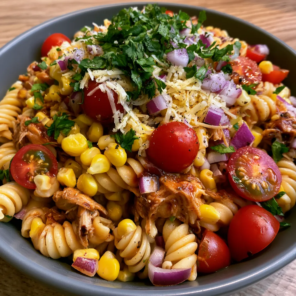 High Protein BBQ Chicken Pasta Salad