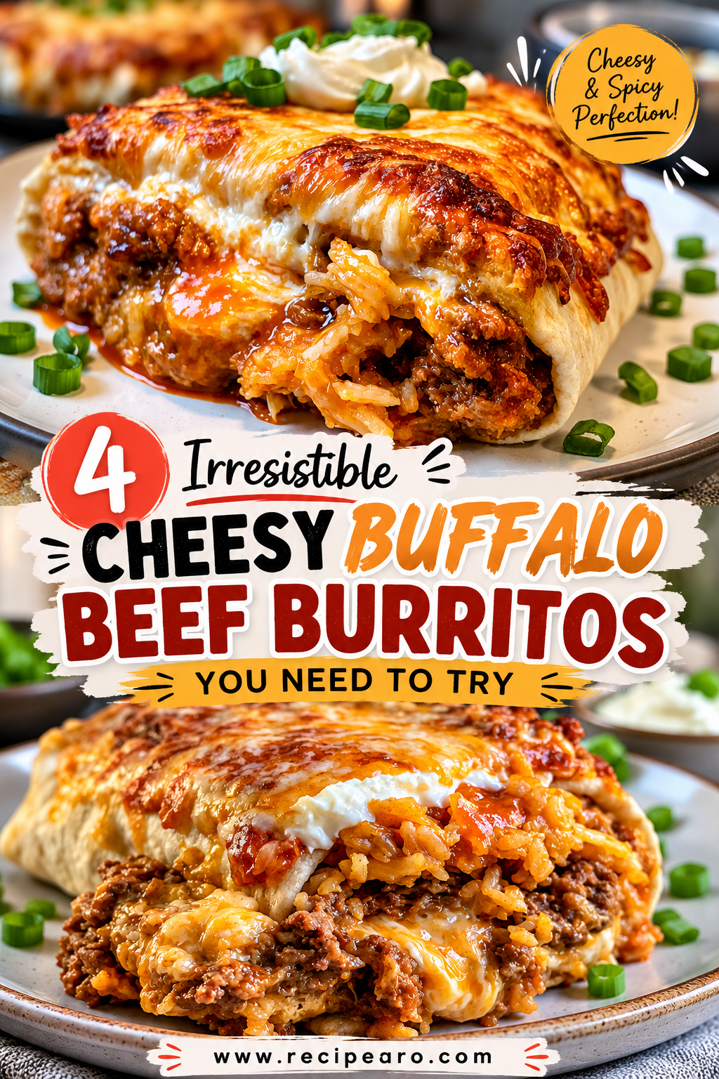 Cheesy Buffalo Beef Burritos