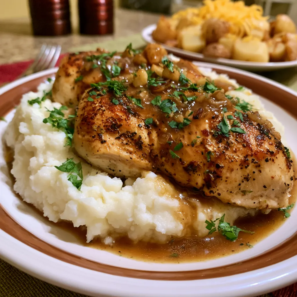 Chicken and Garlic Gravy with Cheesy Mashed Potatoes