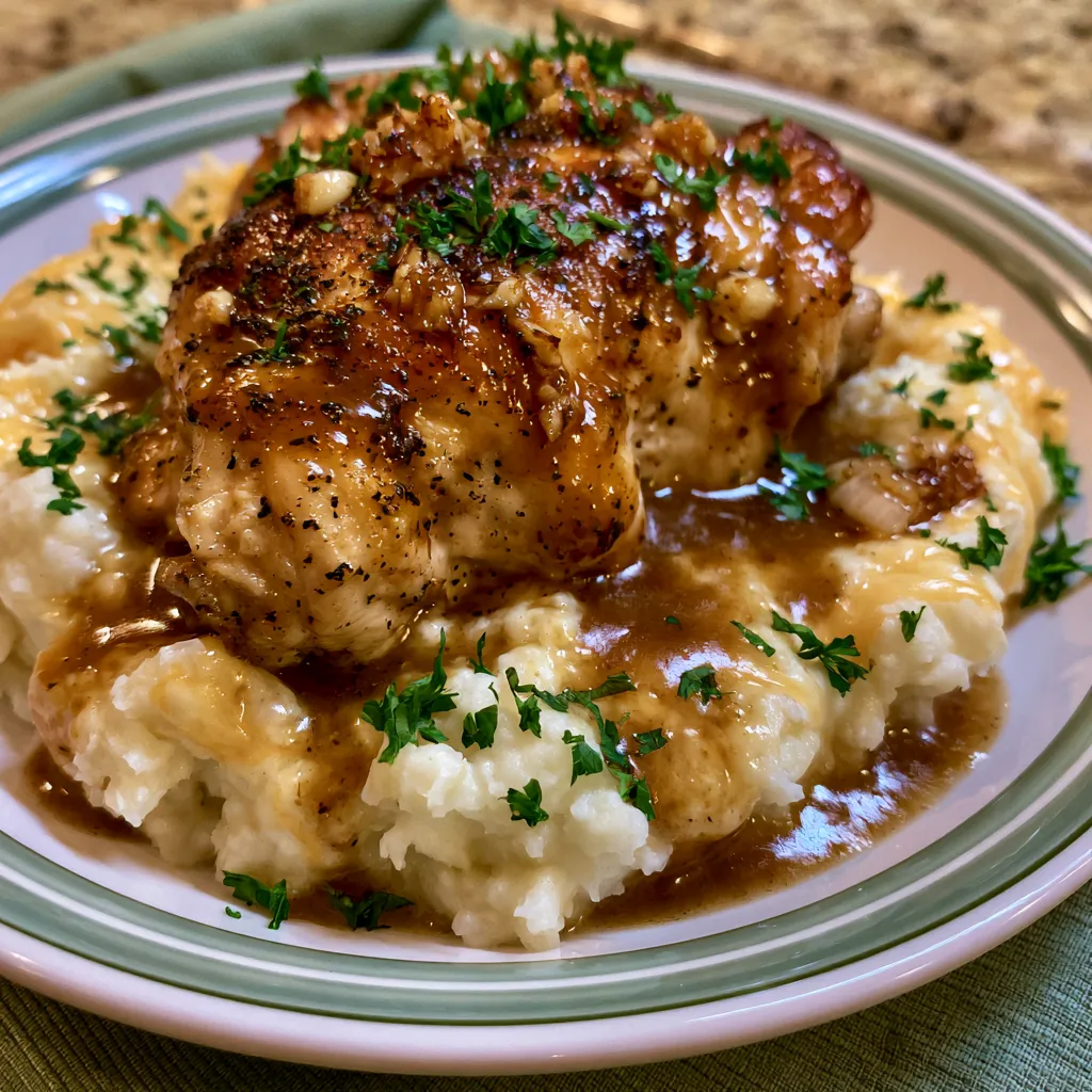 Chicken and Garlic Gravy with Cheesy Mashed Potatoes