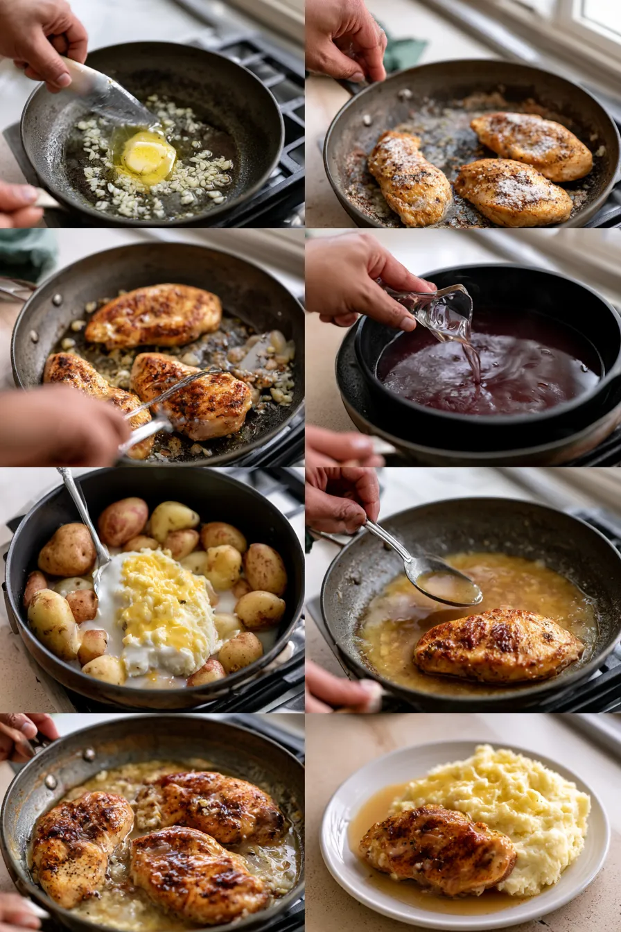 Chicken and Garlic Gravy with Cheesy Mashed Potatoes