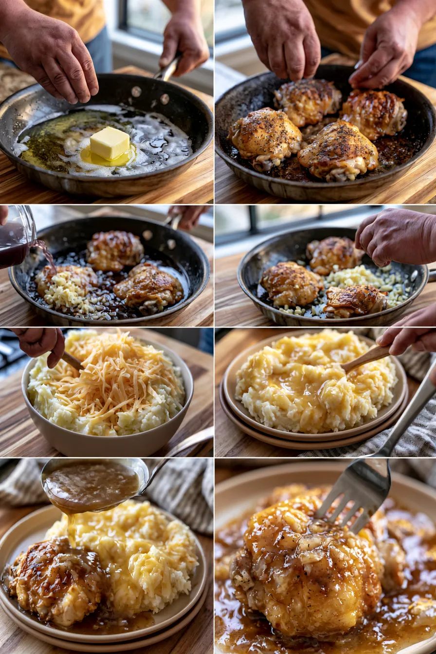 Chicken and Garlic Gravy with Cheesy Mashed Potatoes