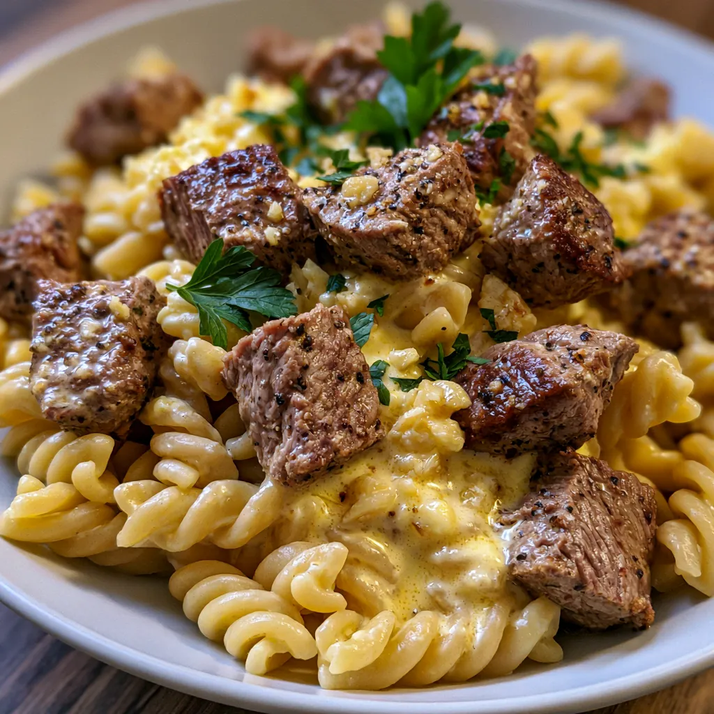Creamy Garlic Butter Steak Bites with Pasta