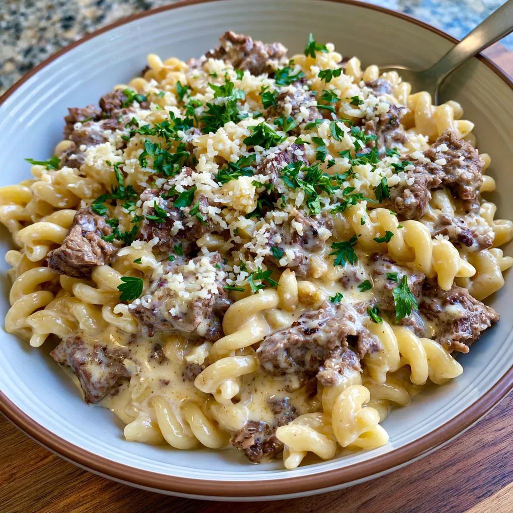 Creamy Garlic Parmesan Beef Pasta
