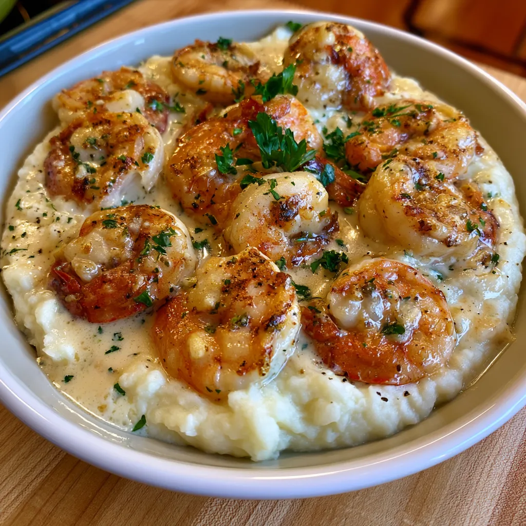 Creamy Garlic Shrimp Over Mashed Potatoes