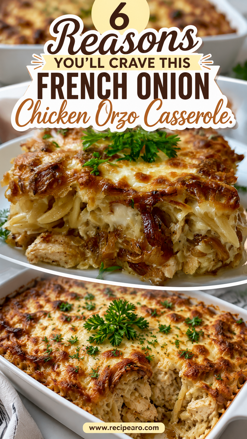 French Onion Chicken Orzo Casserole