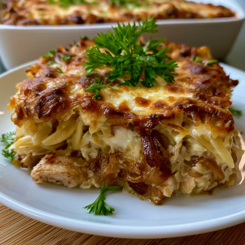 French Onion Chicken Orzo Casserole