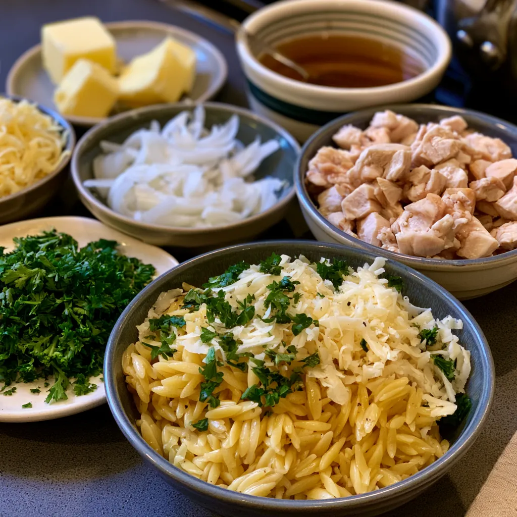 French Onion Chicken Orzo Casserole