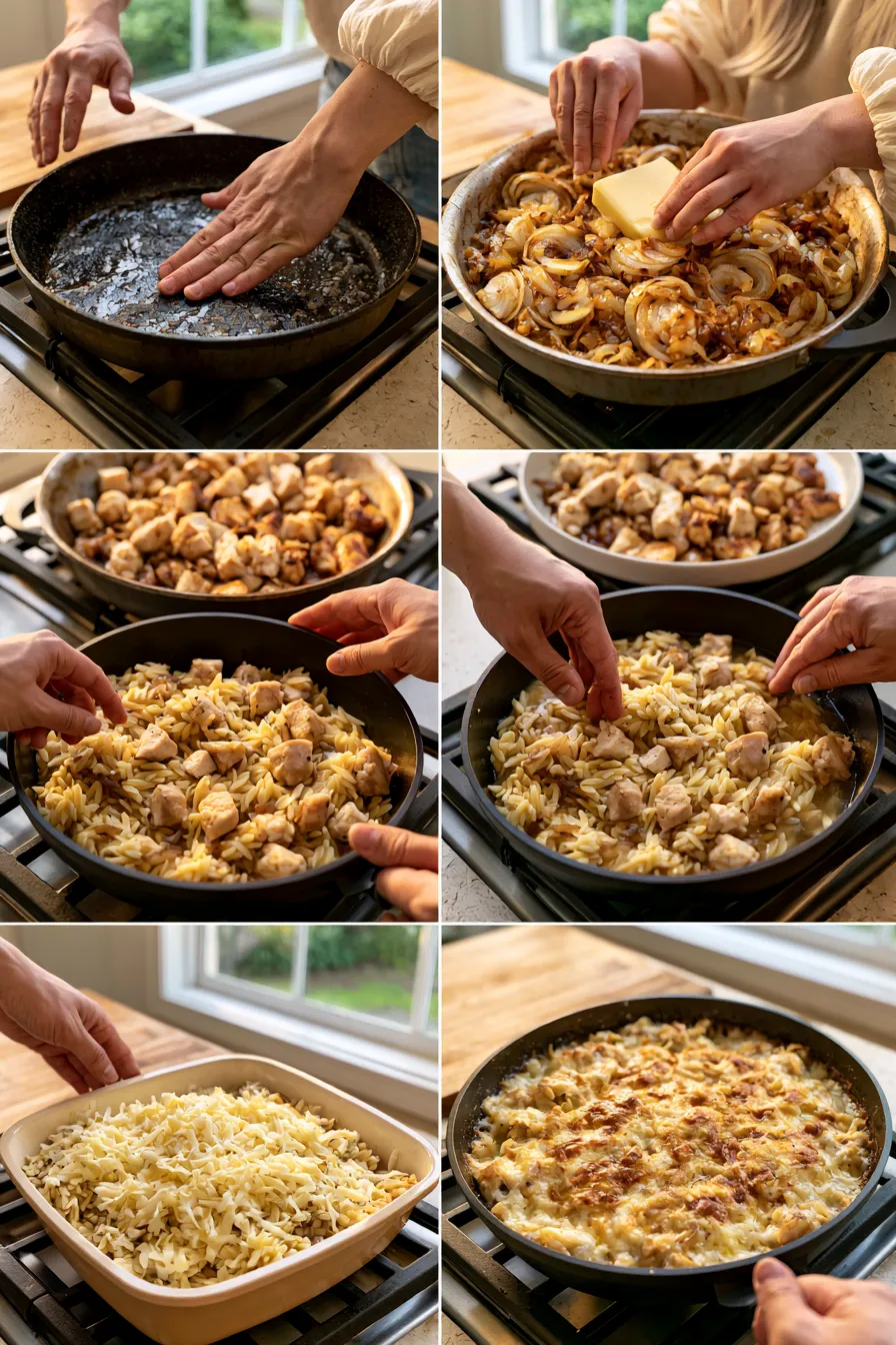 French Onion Chicken Orzo Casserole
