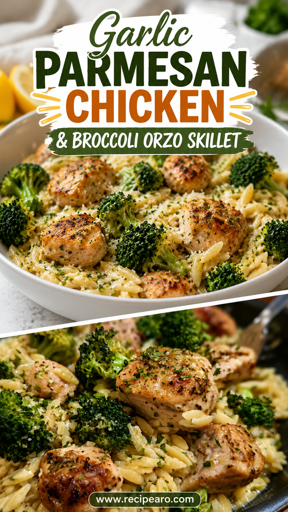 Garlic Parmesan Chicken & Broccoli Orzo Skillet