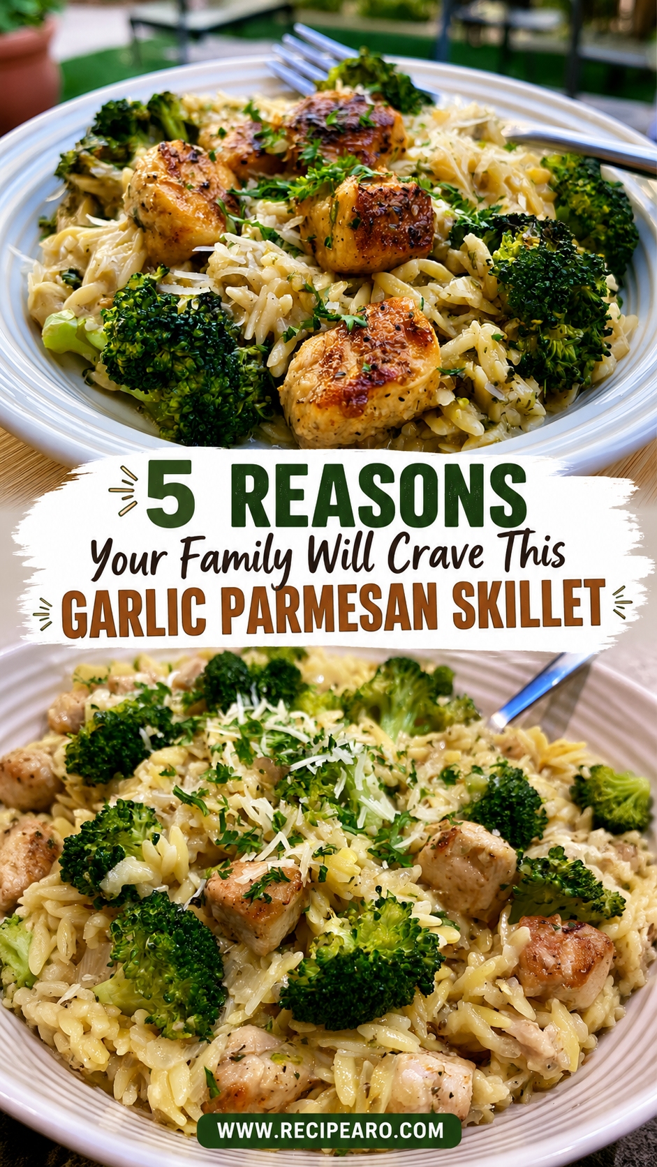 Garlic Parmesan Chicken & Broccoli Orzo Skillet