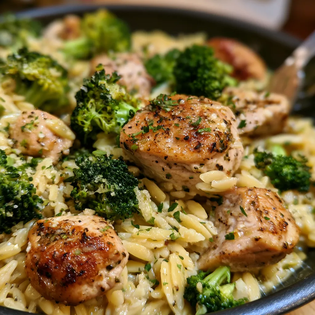 Garlic Parmesan Chicken & Broccoli Orzo Skillet